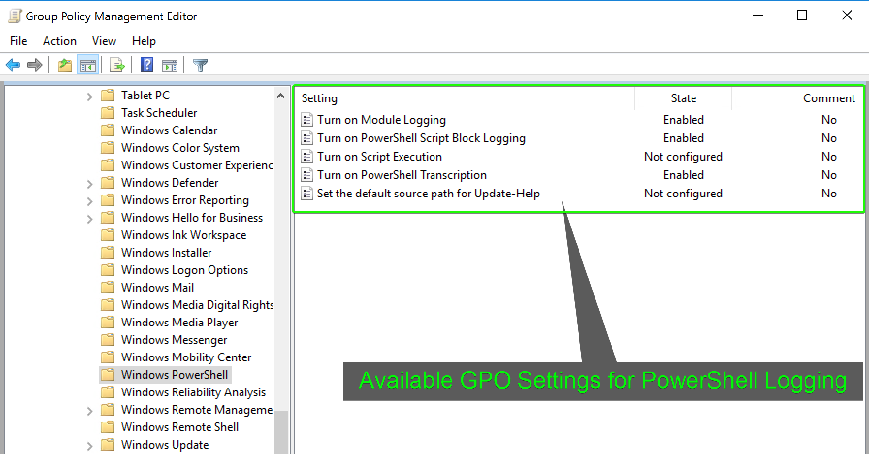 View of Available GPO Settings