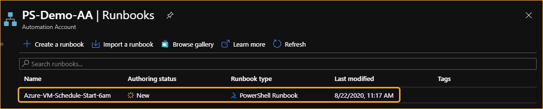 A new runbook is created