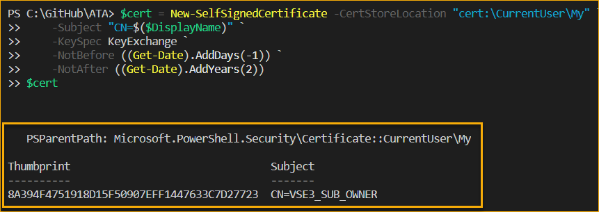 The self-signed certificate is created in the personal certificate store