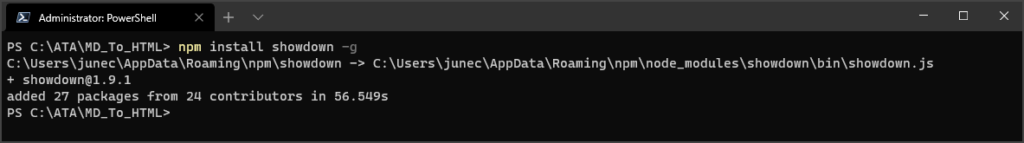 Showdown is installed using npm