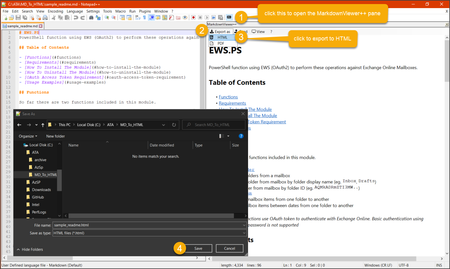 Convert Markdown to HTML using Notepad++
