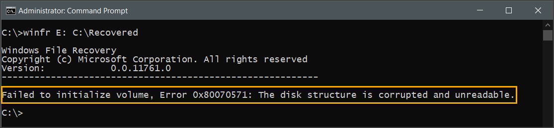 Error when running winfr in default mode against a non-NTFS volume