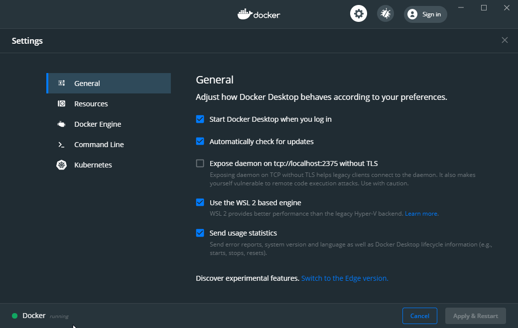 Setting the Use the WSL 2 based engine setting in the Settings → General tab of Docker Desktop for Windows.
