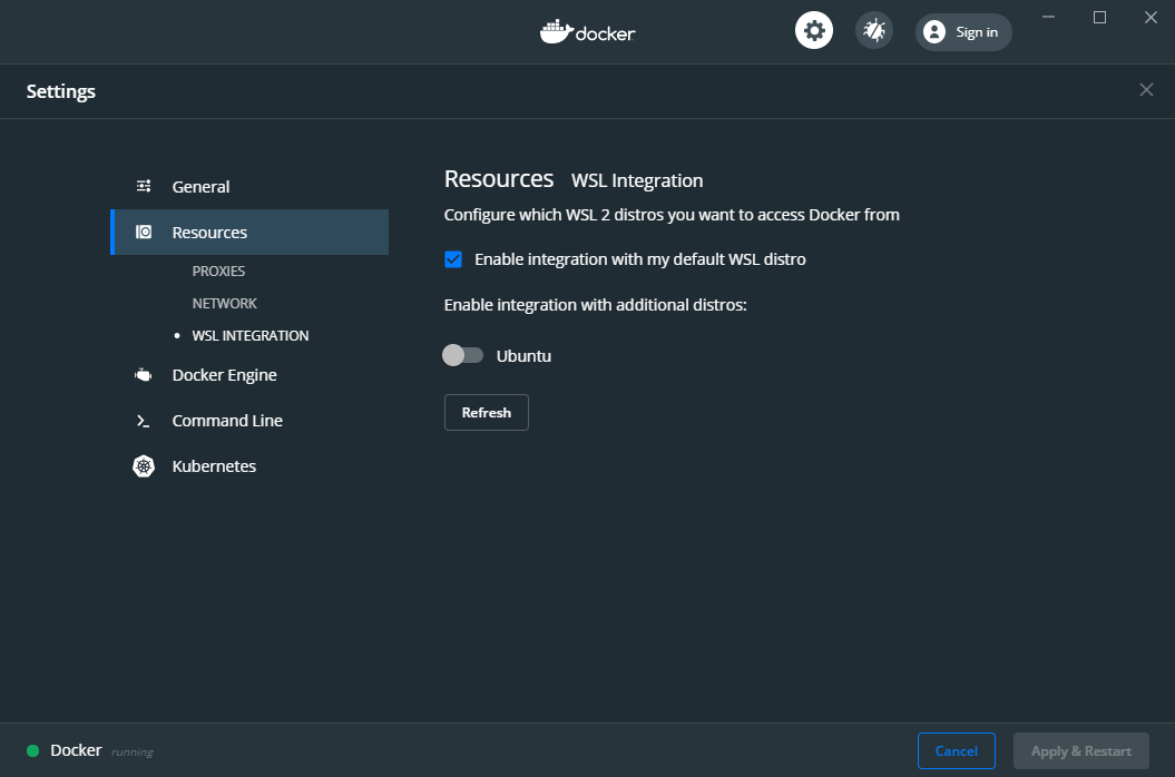 Setting the Enable integration with my default WSL distro setting in the Settings → Resources → WSL Integration tab of Docker Desktop for Windows.
