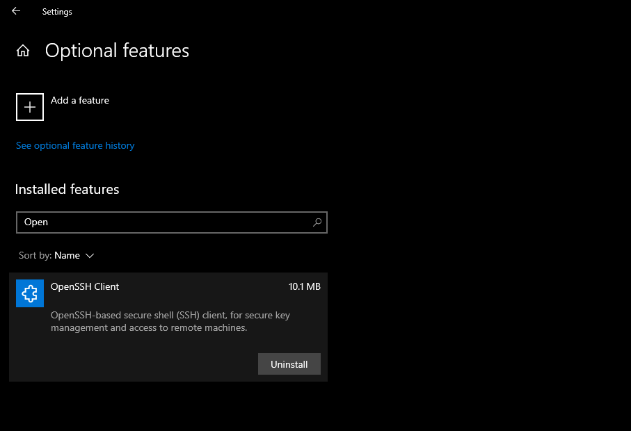 Installing the OpenSSH Client via the Optional Features in Windows.