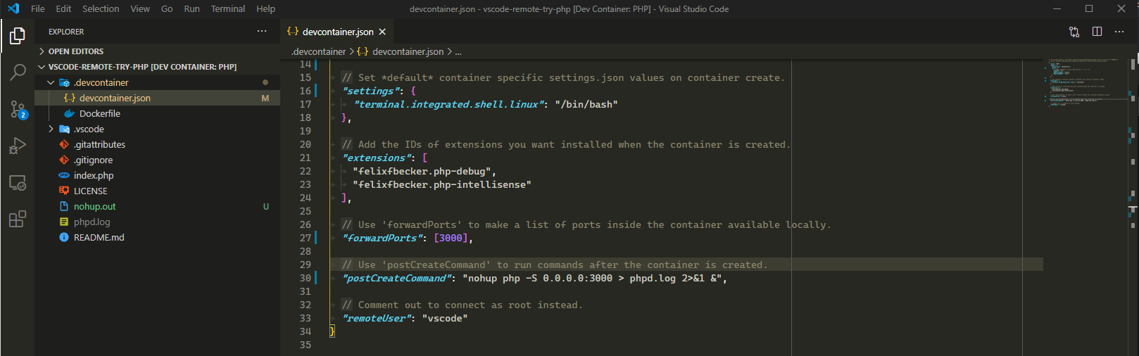 Modifying the devcontainer.json file to expose a port and start a PHP server.