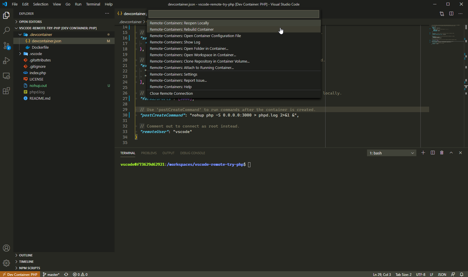 Rebuild the Docker container after modifying the devcontainer.json file.