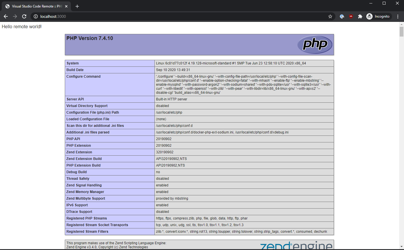 Browser output from the PHP server running on port 3000 in the container.