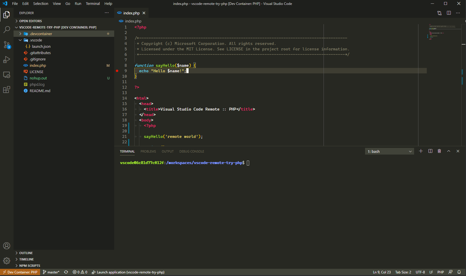 Add a breakpoint to the index.php file in VS Code.
