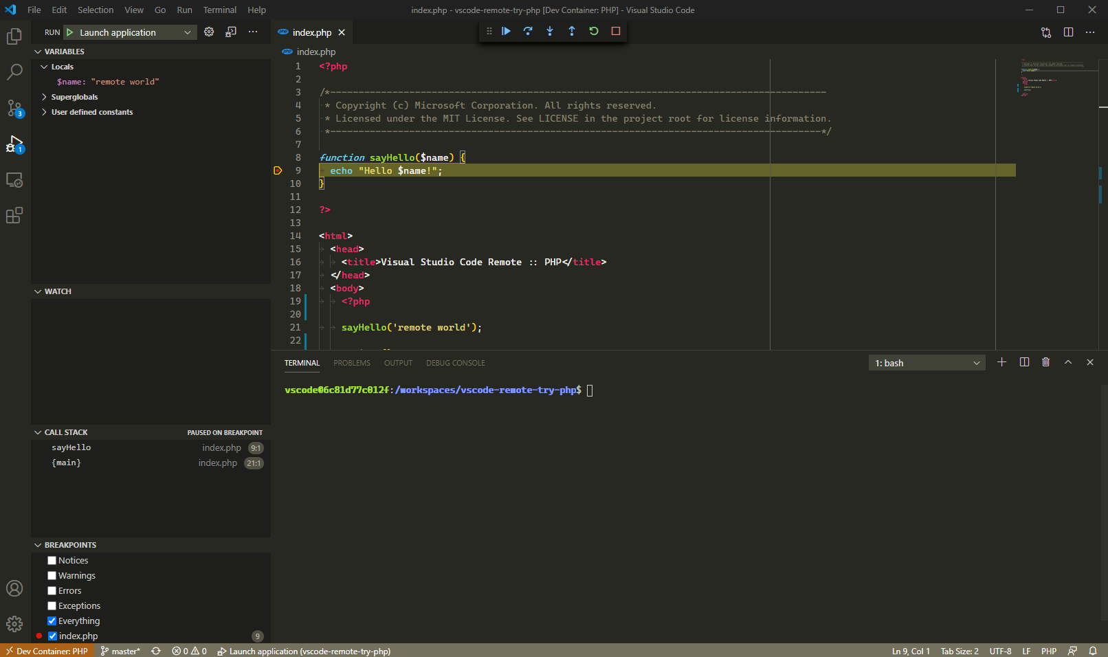 Debugging the index.php file in VS Code.