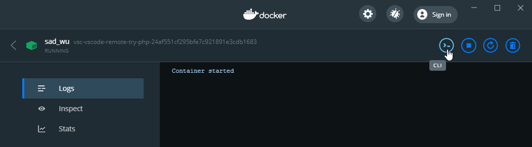 Starting the CLI in Docker Desktop.