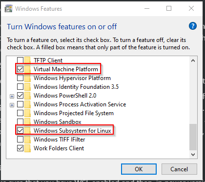 Windows Feature installation screen for Virtual Machine Platform and Windows Subsystem for Linux.
