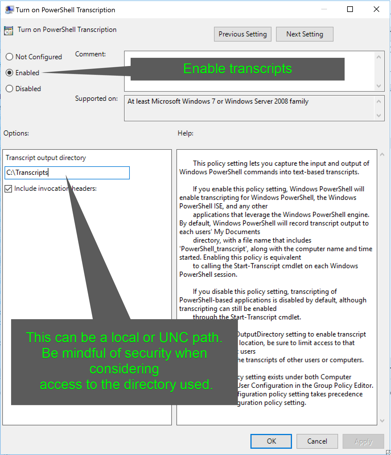 Transcripts GPO Settings