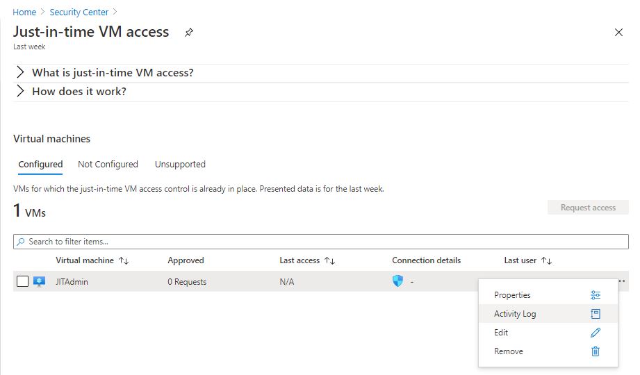 Navigating to the Azure JIT VM activity log