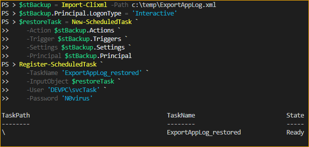 Restoring a deleted scheduled task from an XML backup