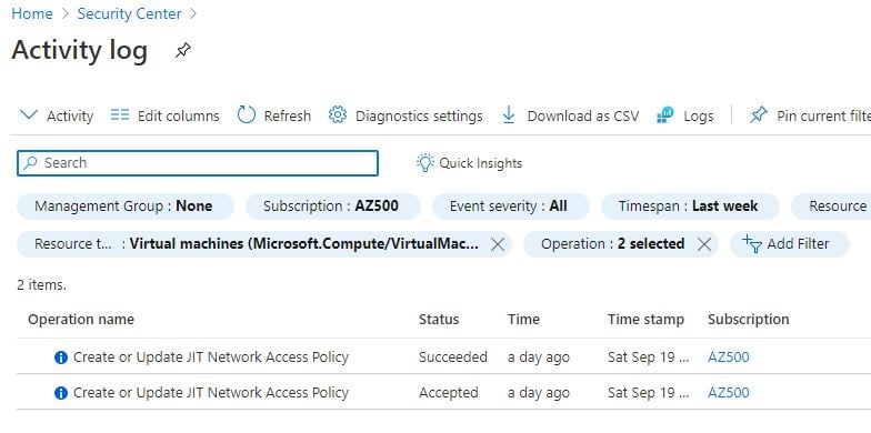 Viewing the Azure JIT activity log