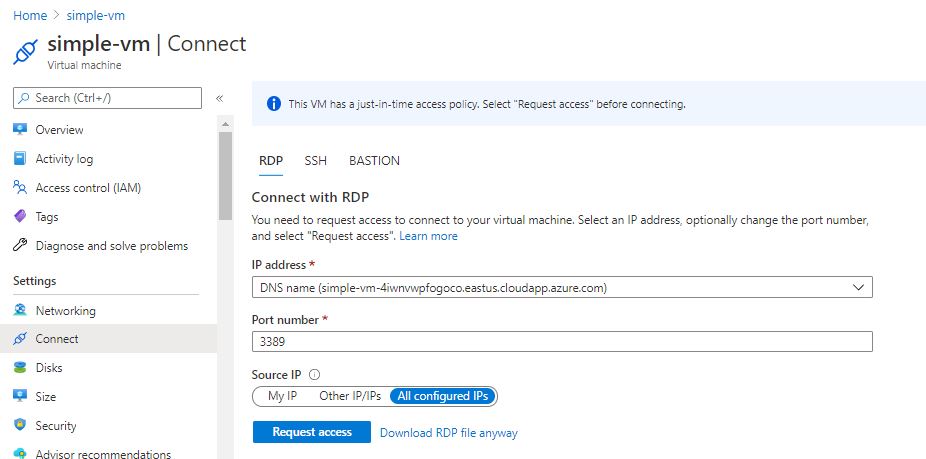 Requesting JIT access to an Azure VM