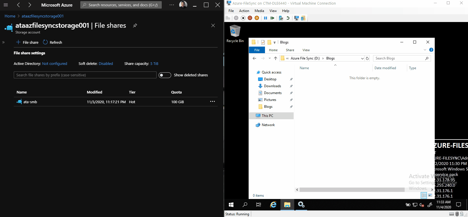 Example of Windows Server syncing files to the Azure file share