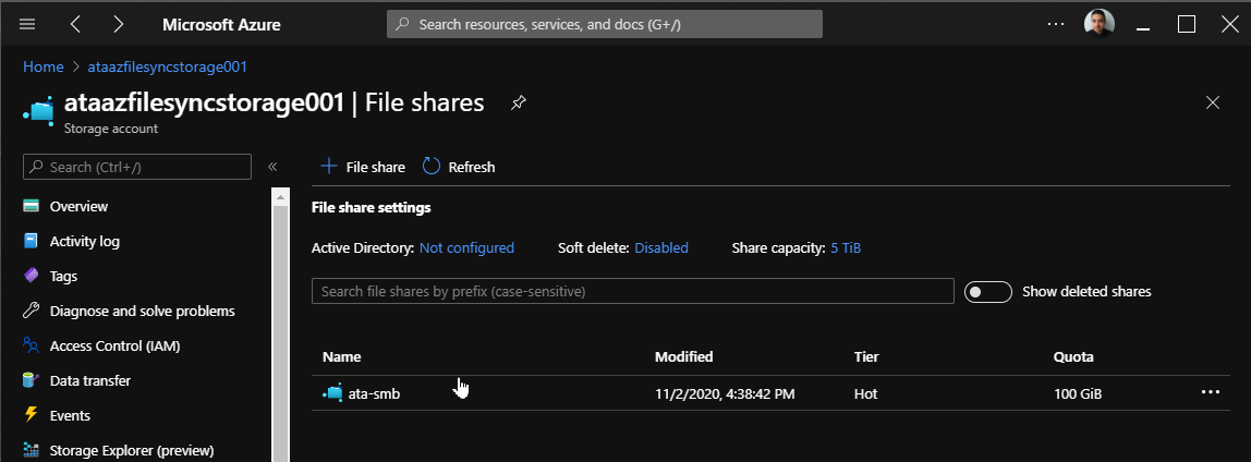 Azure File share of 100GB Share + Hot Tier completed