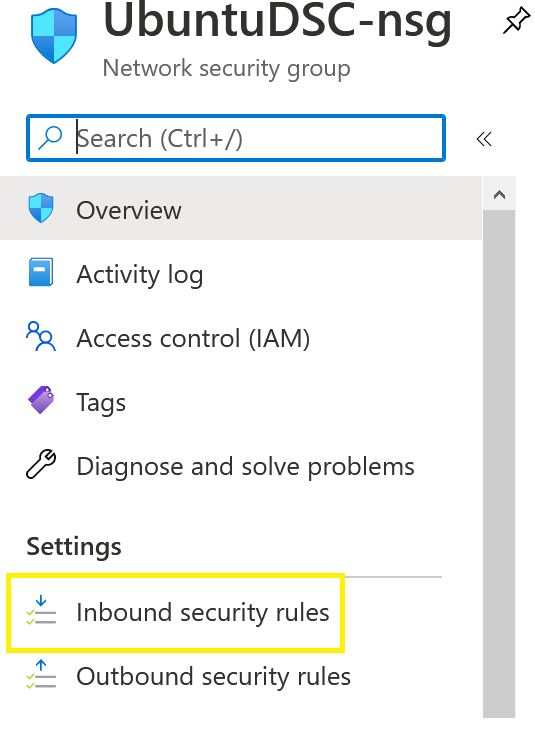 Azure NSG menu displaying Inbound Security Rules selection