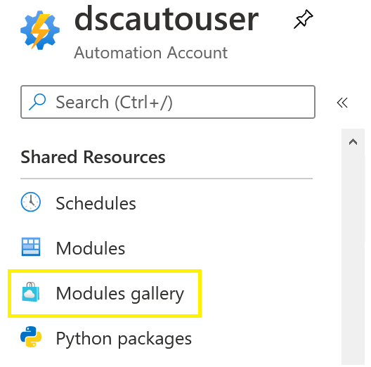 Azure Automation Accounts menu displaying Modules Gallery selection