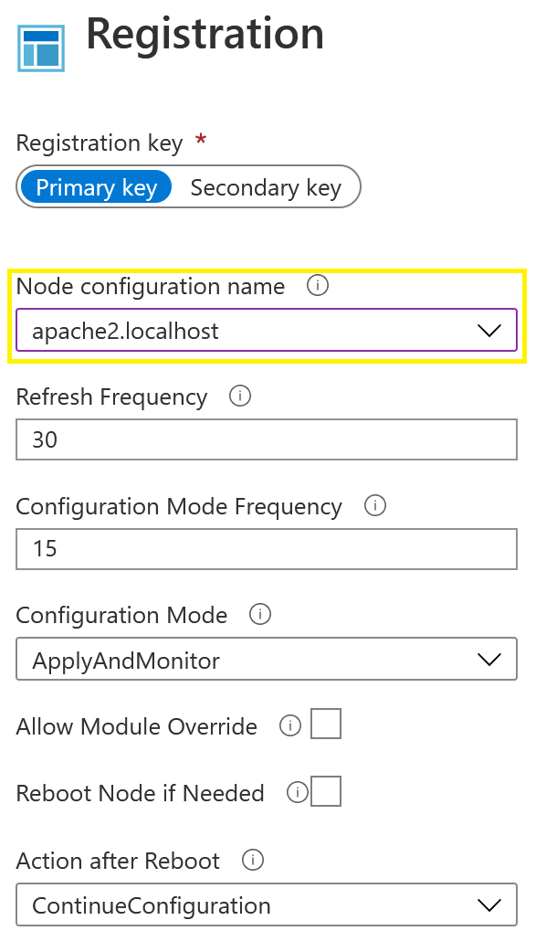 Azure Registration menu displaying Node Configuration Name selection
