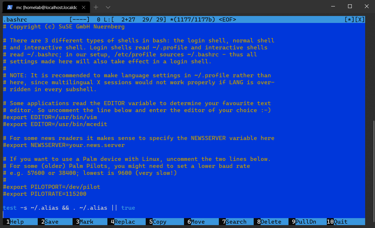 The Midnight Commander Commandline Text Editor opening ~/.bashrc