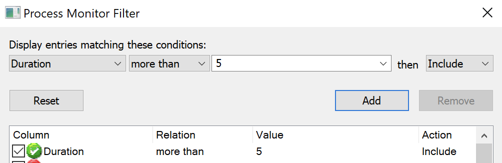 filter rule on Duration