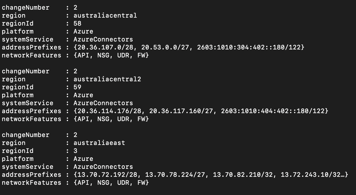 Azure IP Ranges with JSON