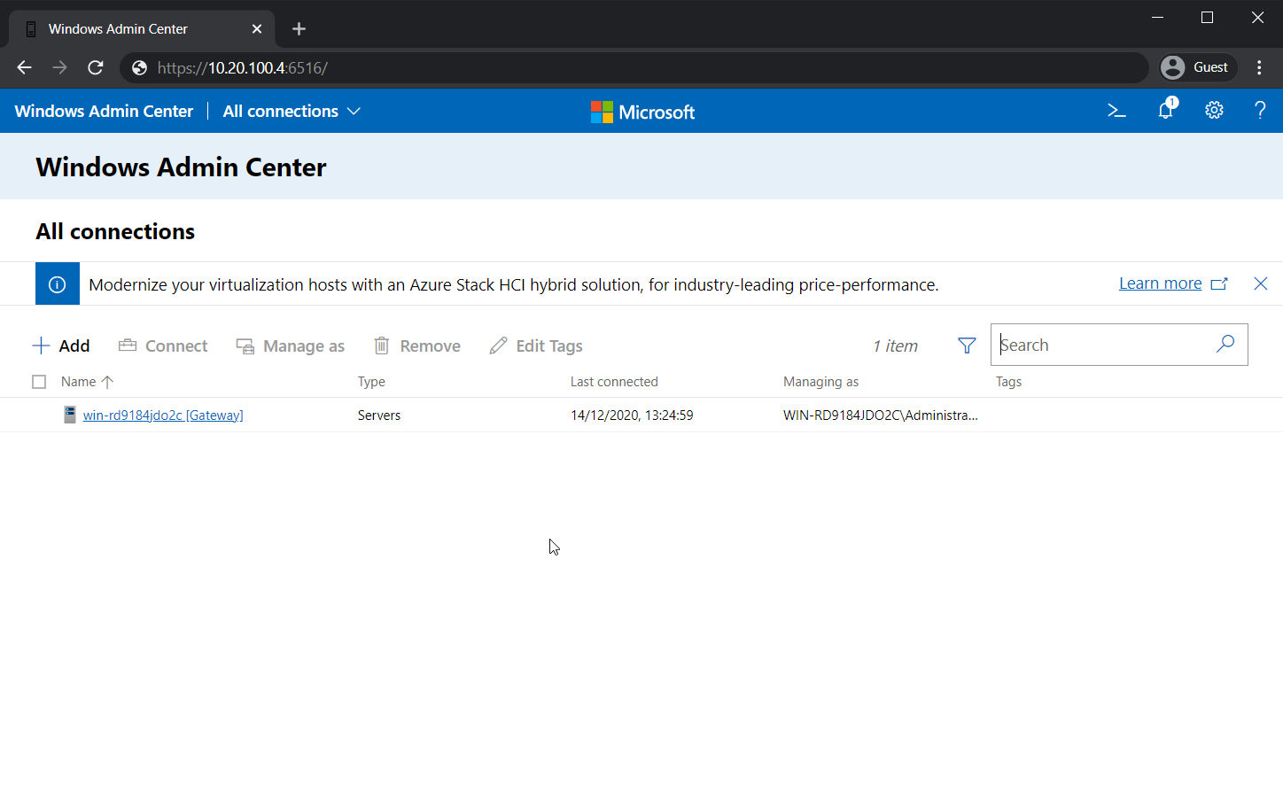 The Server Chooser in Windows Admin Center