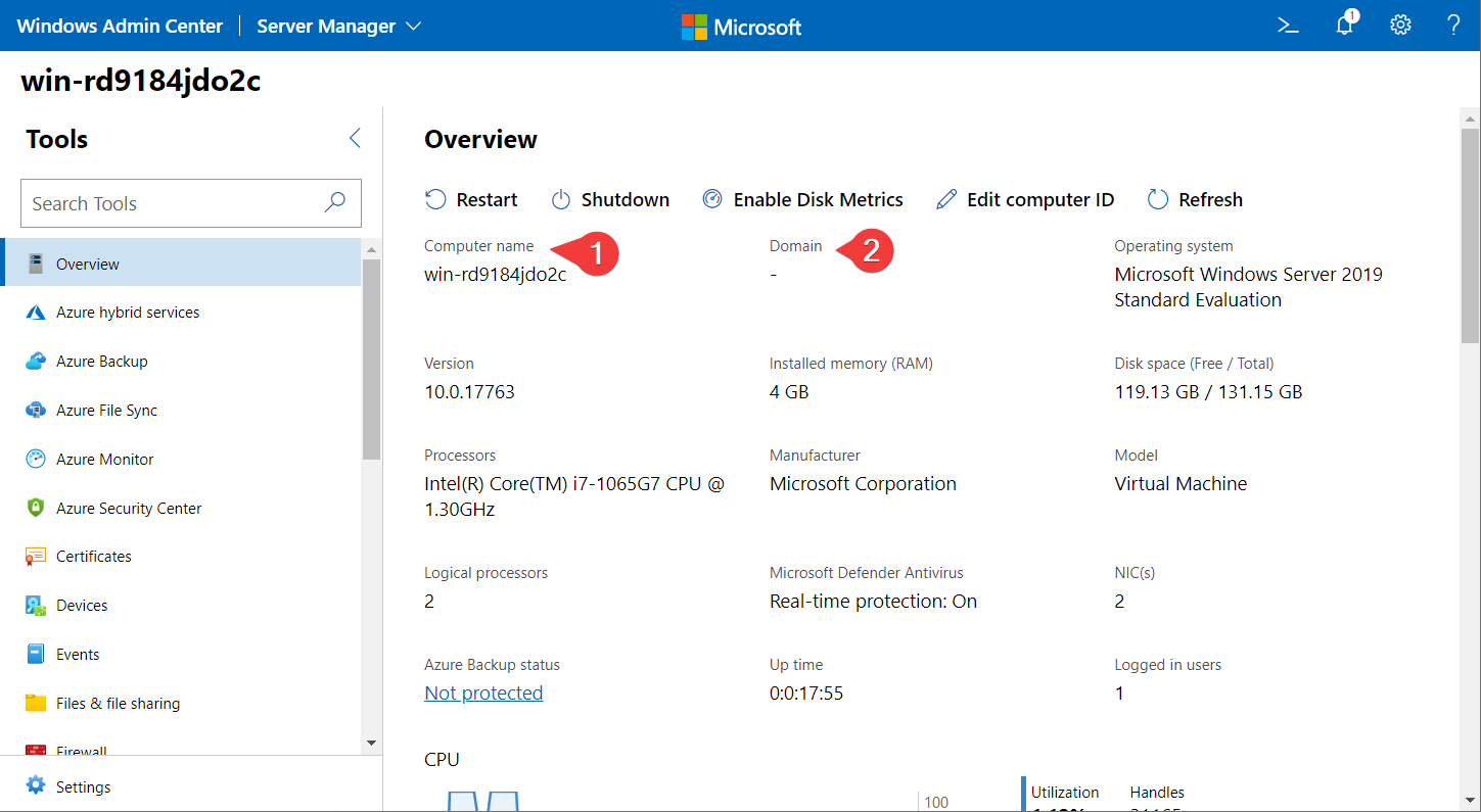 The main Dashboard of Windows Admin Center