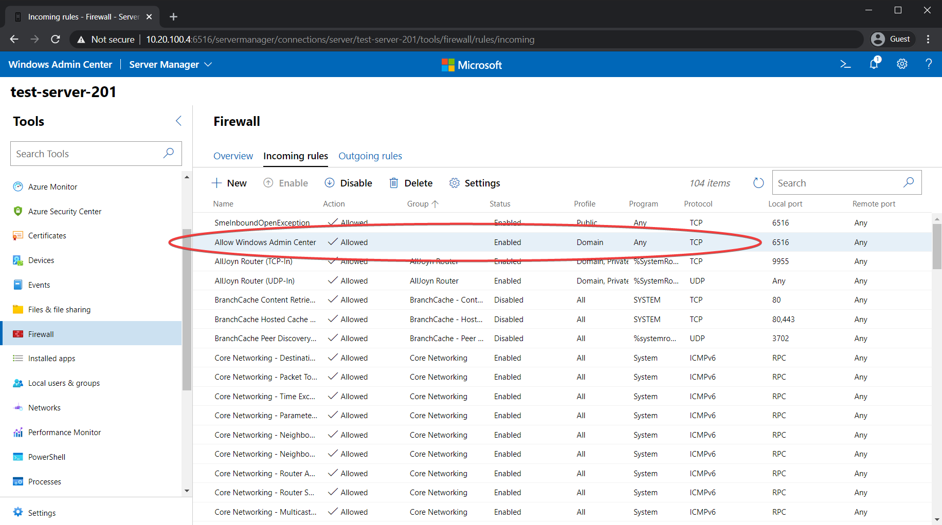 The firewall rules placed earlier by PowerShell