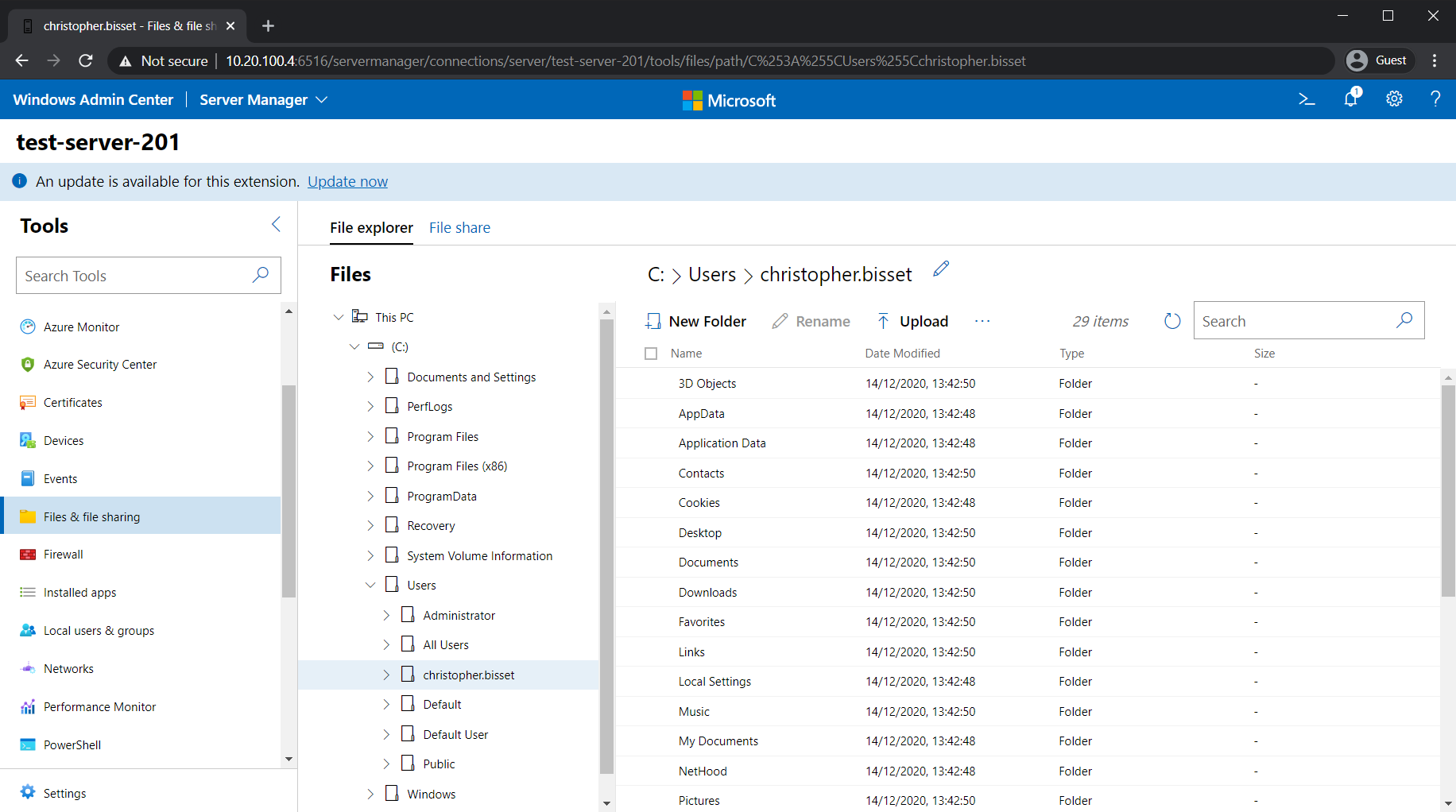 An overview of the file browser in Windows Admin Center
