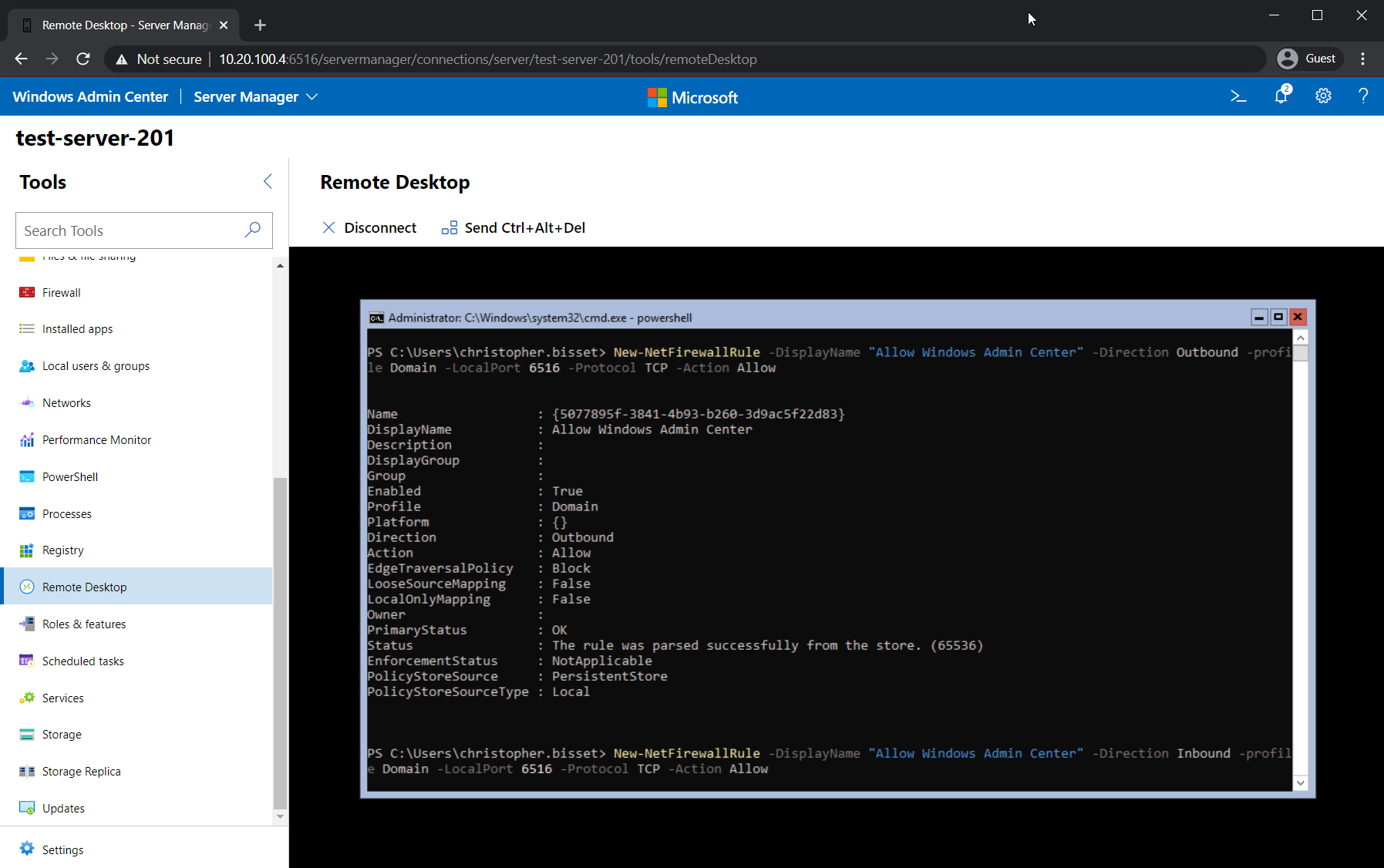 Viewing the remote desktop of Server Core 2019 (it is not very interesting as Server Core 2019 has no GUI)