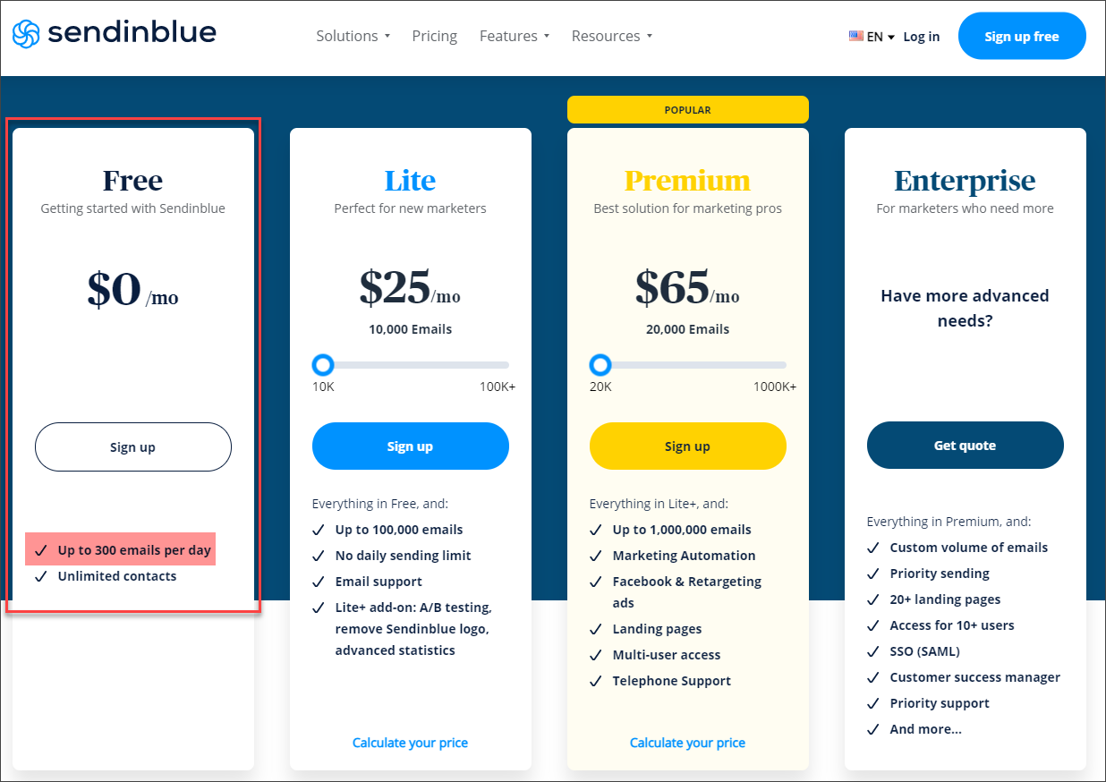 SendInBlue pricing plans