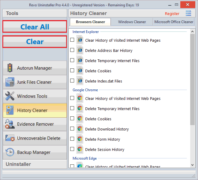 Cleaning Browser, MS Office and Windows History