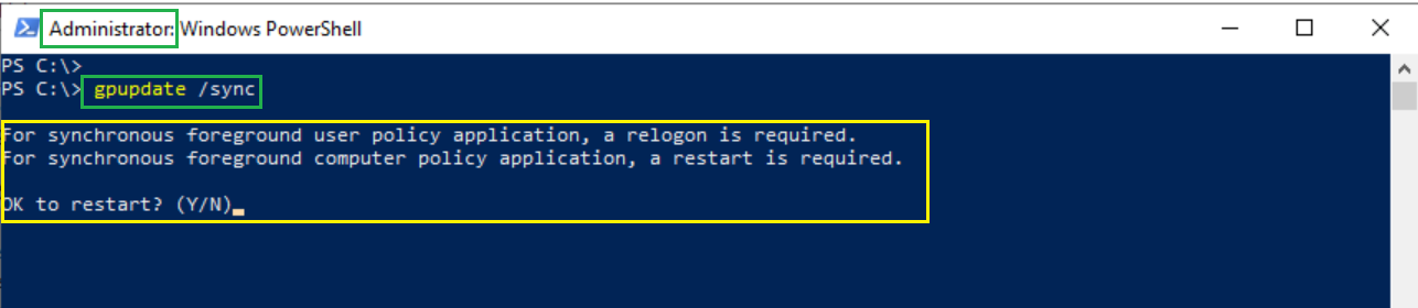 Running gpupdate /sync as administrator prompts for a restart.