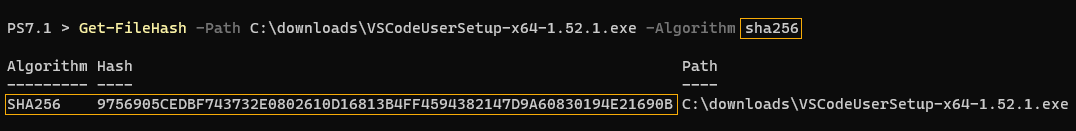 Using Get-FileHash to compute the SHA-256 checksum of a file.