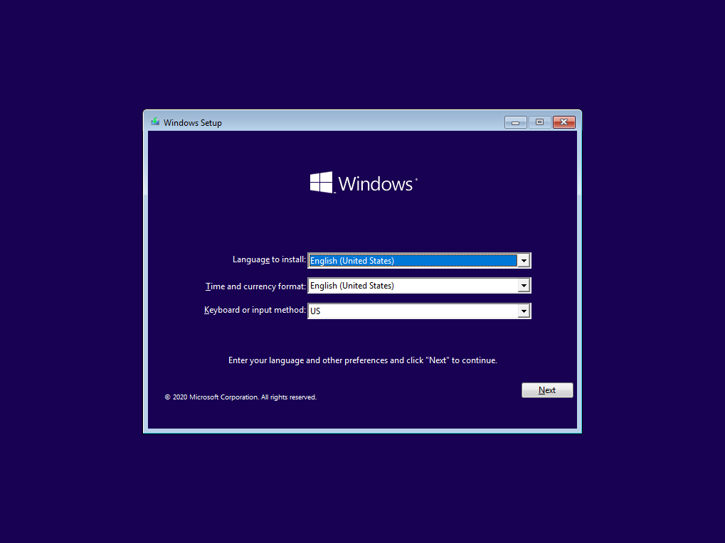 Windows 10 install screen