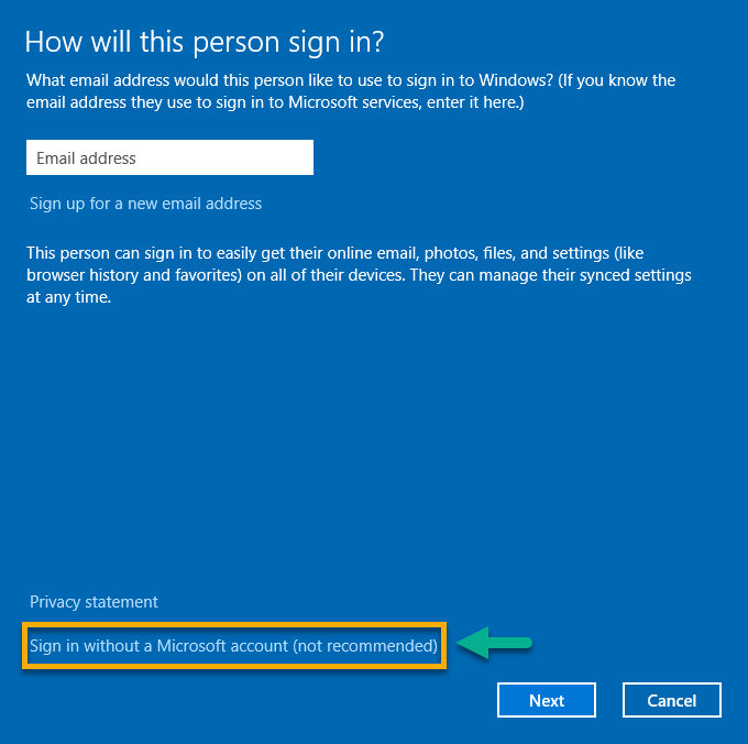  Adding a local user without a Microsoft account.