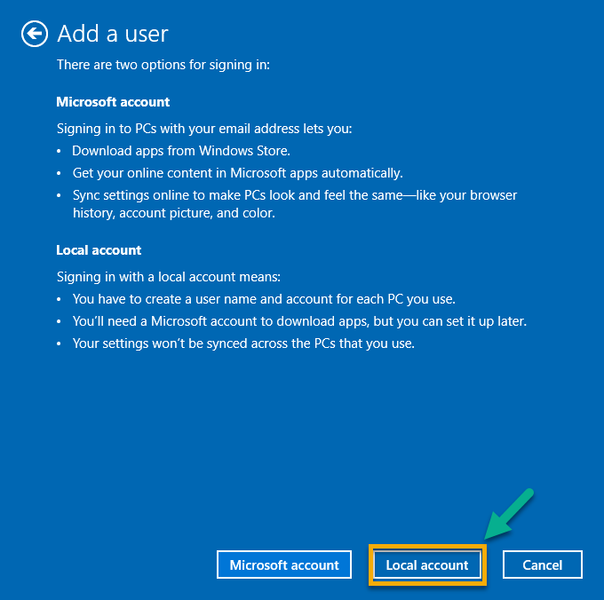 Choosing to create a local user account instead of a Microsoft account.