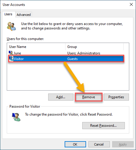 Removing a guest account via the User Accounts window.