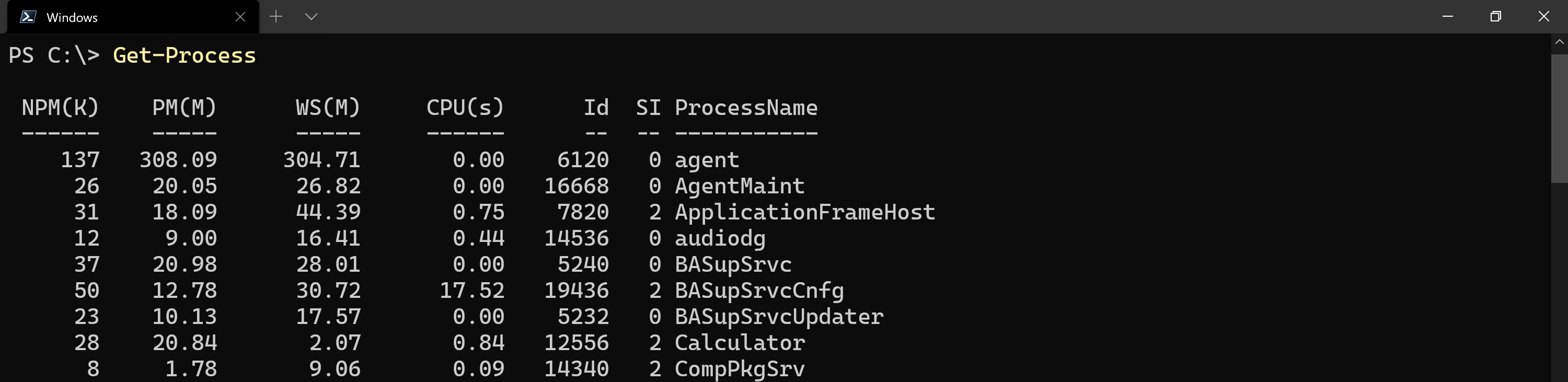 Using the Get-Process cmdlet on Windows to display local processes.