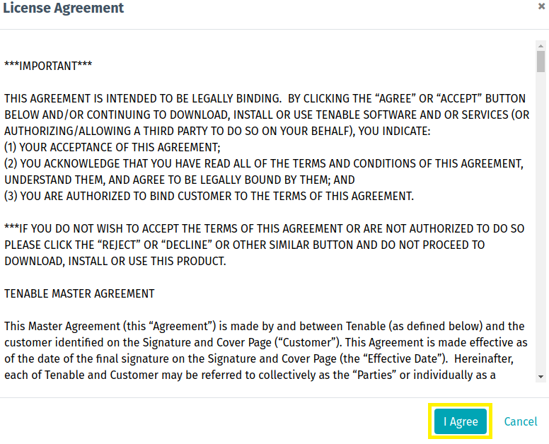 Nessus License Agreement page showing the I Agree selection.