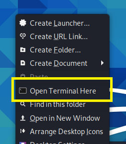 Kali Linux desktop menu showing Open Terminal Here selection