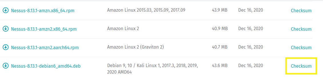 Product downloads page showing Nessus-8.13.1-debian6_amd.deb installation checksum link.