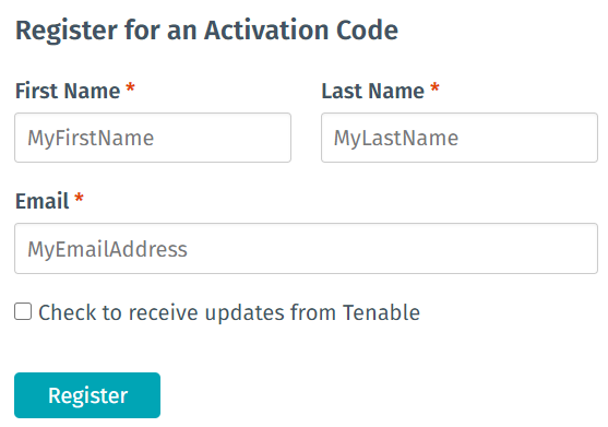 Tenable Nessus Essentials product registration page.