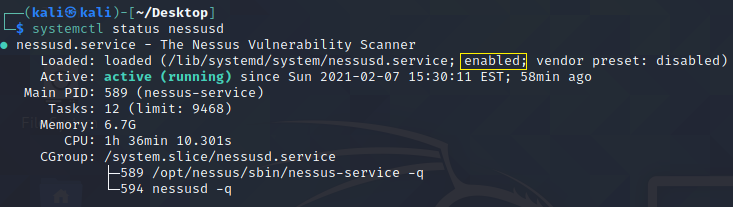 Command output showing the enabled nessusd service