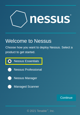 Selecting Nessus Essentials as the Nessus product version.