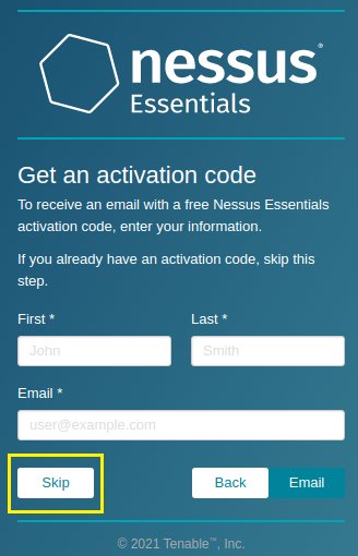 Selecting the Skip button on the retrieve activation code screen.